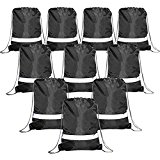 Drawstring Backpack Bags Reflective 10 Pack, Promotional Sport Gym Sack Cinch Bag (Black)